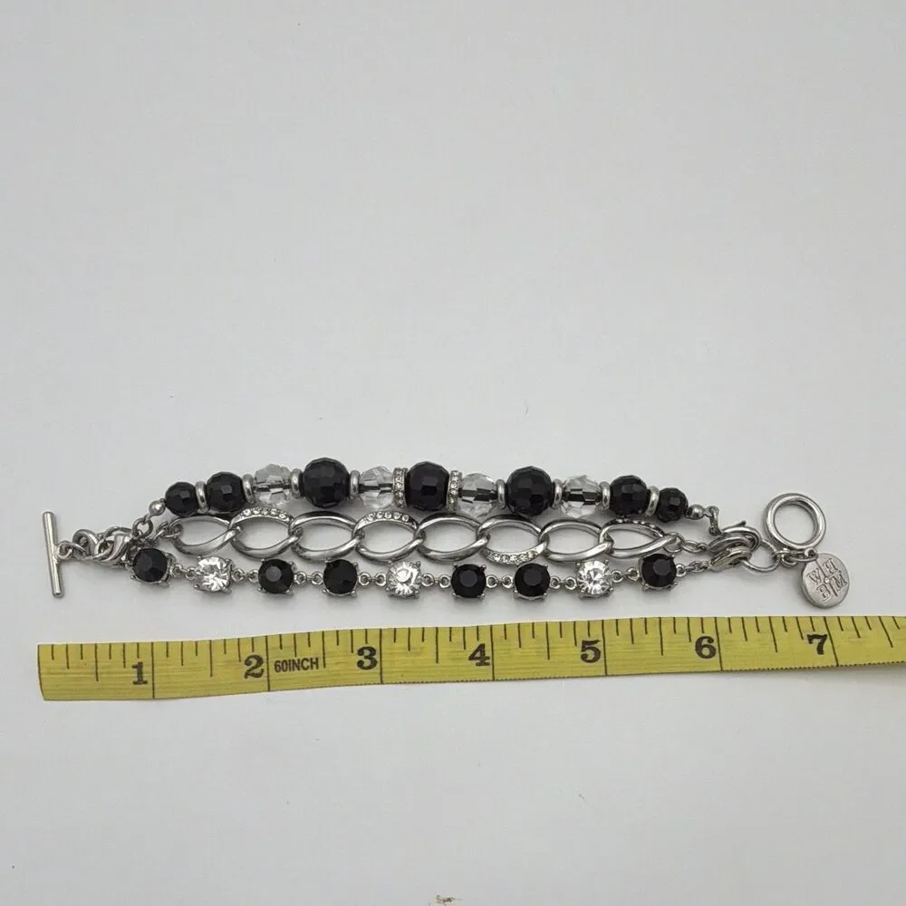 White House Black Market Signed Silver Tone Bead Charm Toggle Bracelet 7 in